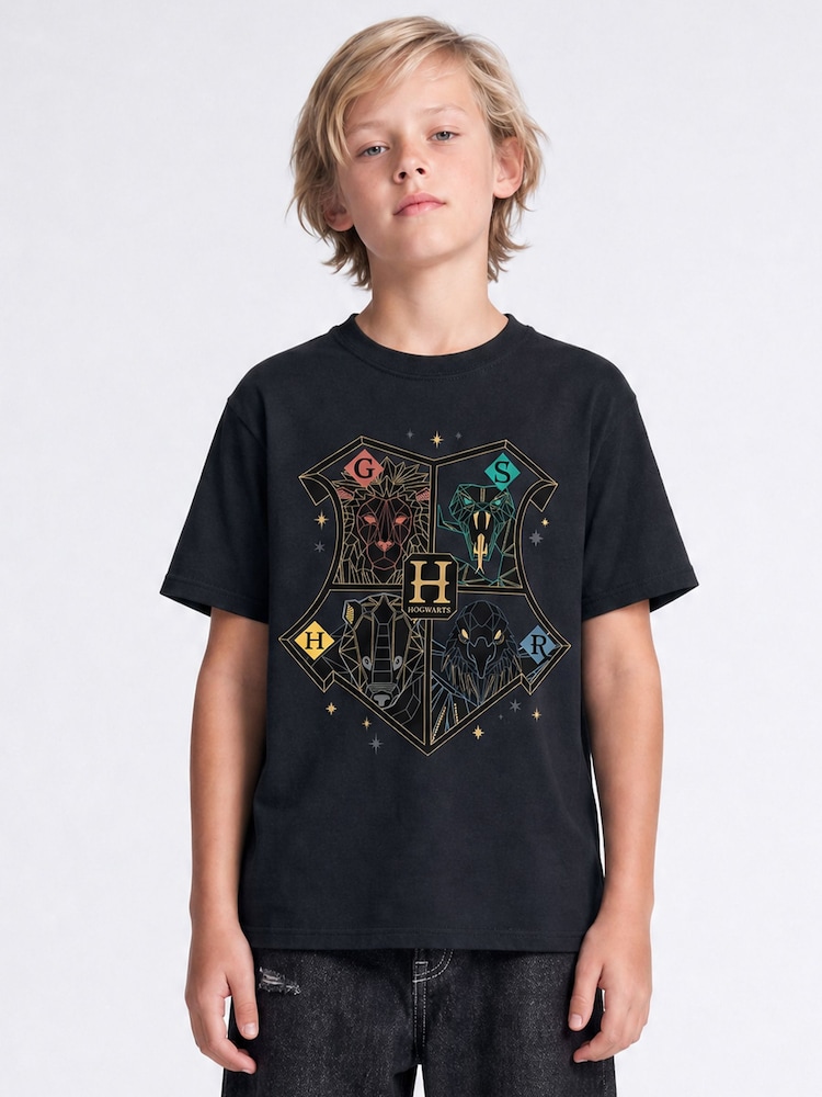 Rags & Rascals Black Harry Potter Crest Hogwarts Christmas T-Shirt - Image 1 of 4 Rags & Rascals Black Harry Potter Crest Hogwarts Christmas T-Shirt - Image 1 of 4