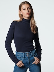 Navy Long Sleeve Ribbed Roll Neck Top - Image 1 of 6