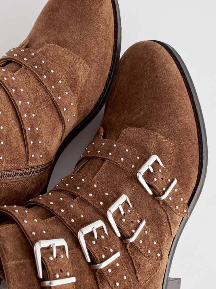 Tan Brown Regular/Wide Fit Forever Comfort® Stud Detail Buckle Biker Boots - Image 5 of 10