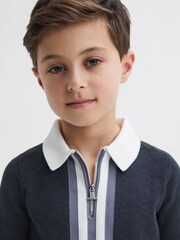 Reiss Eclipse Blue/White London Cotton Knitted Half-Zip Polo T-Shirt - Image 1 of 6