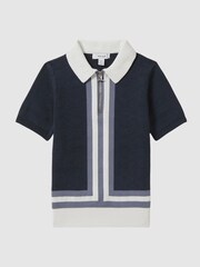 Reiss Eclipse Blue/White London Cotton Knitted Half-Zip Polo T-Shirt - Image 2 of 6