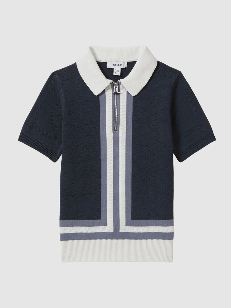 Reiss Eclipse Blue/White London Cotton Knitted Half-Zip Polo T-Shirt - Image 2 of 6