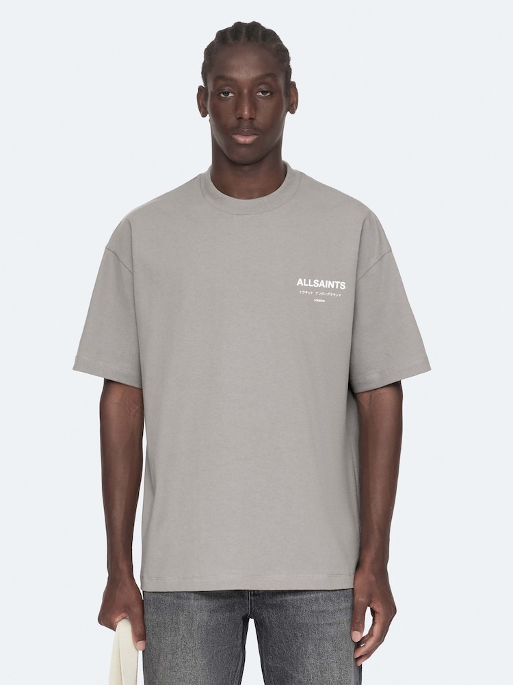 AllSaints Light Grey Underground Oversized Cotton Crew Neck T-Shirt - Image 1 of 8 AllSaints Light Grey Underground Oversized Cotton Crew Neck T-Shirt - Image 1 of 8