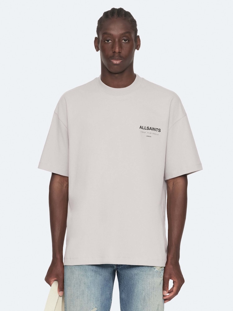 AllSaints Platinum Grey Underground Oversized Cotton Crew Neck T-Shirt - Image 1 of 8 AllSaints Platinum Grey Underground Oversized Cotton Crew Neck T-Shirt - Image 1 of 8