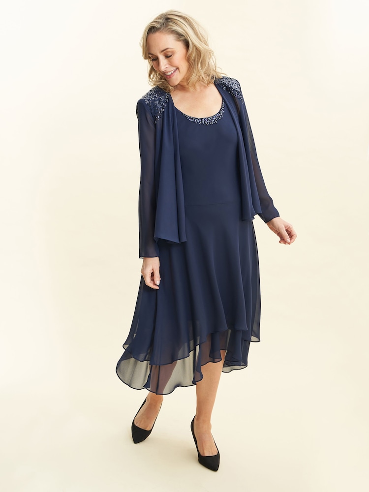 Gina Bacconi Blue Lilibeth Sequin Beaded Shoulder Jacket Dress - Image 1 of 6