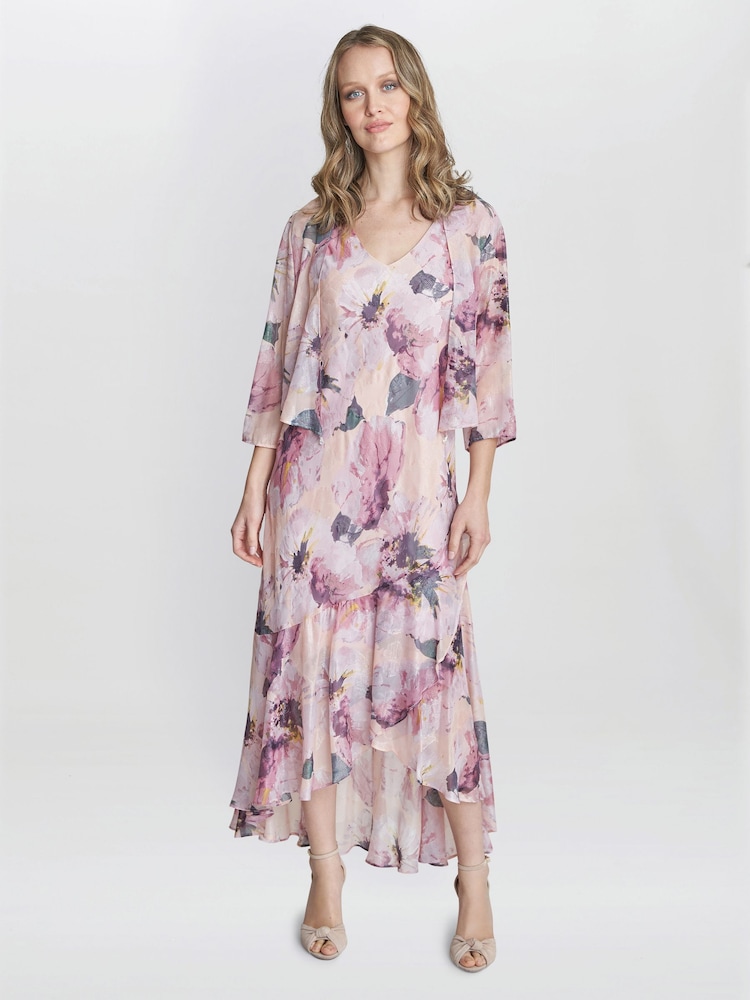Gina Bacconi Pink Nadia Midi Length Chiffon Printed Dress And Jacket - Image 1 of 6