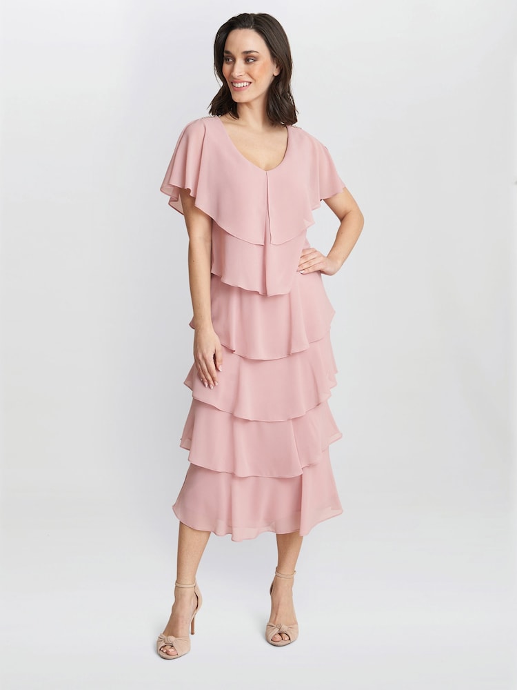 Gina Bacconi Rebecca Midi Tiered Dress With Shoulder Trim - Image 1 of 4