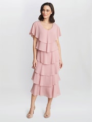 Gina Bacconi Rebecca Midi Tiered Dress With Shoulder Trim - Image 3 of 4