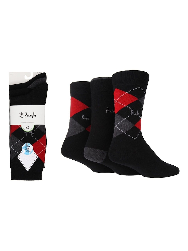Pringle Black Traditional Argyle 3 Pack Pattern Socks - Image 1 of 5