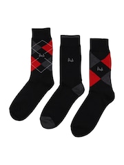 Pringle Black Traditional Argyle 3 Pack Pattern Socks - Image 4 of 5