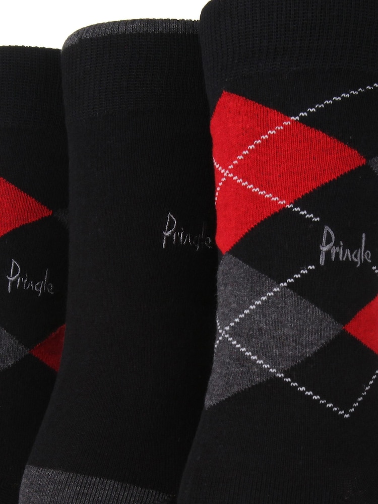 Pringle Black Traditional Argyle 3 Pack Pattern Socks - Image 5 of 5