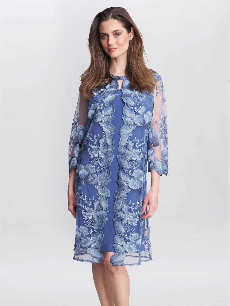 Gina Bacconi Blue Savoy Embroidered Lace Mock Jacket With Jersey Dress - Image 1 of 5