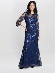 Gina Bacconi Blue Jordana Beaded Maxi Dress With Illusion Sleeves - Image 1 of 5