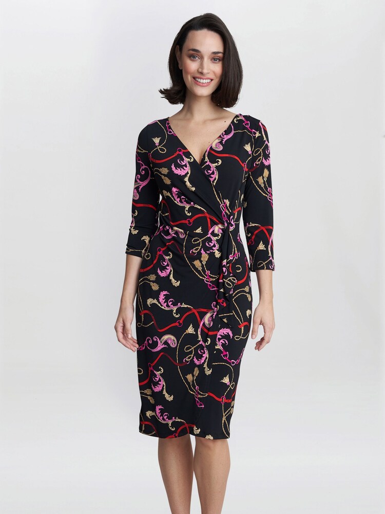 Gina Bacconi Alexandra Printed Jersey Ruffle Black Dress - Image 1 of 4