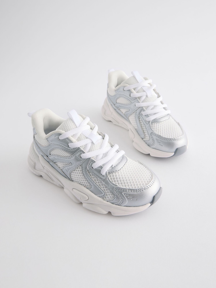 White/Silver Metallic Chunky Lace-Up Trainers - Image 1 of 5