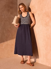 Mint Velvet Blue Striped Scallop Trim Midi Dress - Image 1 of 8