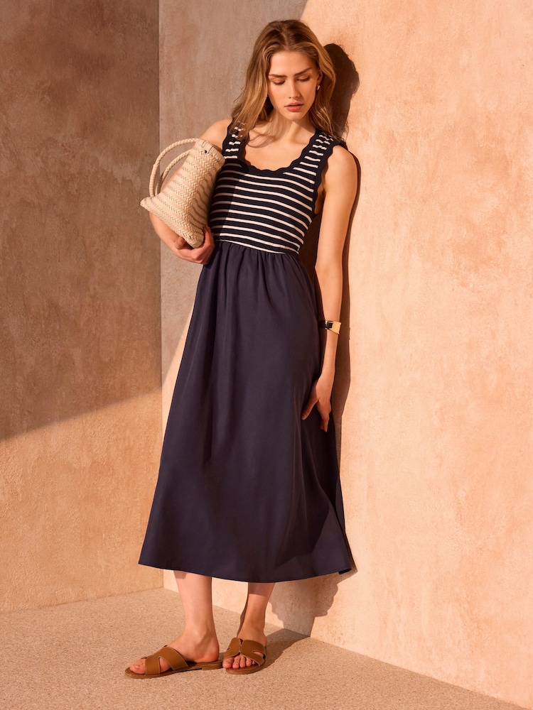 Mint Velvet Blue Striped Scallop Trim Midi Dress - Image 2 of 8 Mint Velvet Blue Striped Scallop Trim Midi Dress - Image 2 of 8