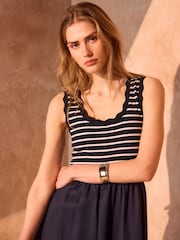 Mint Velvet Blue Striped Scallop Trim Midi Dress - Image 4 of 8