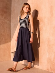 Mint Velvet Blue Striped Scallop Trim Midi Dress - Image 5 of 8