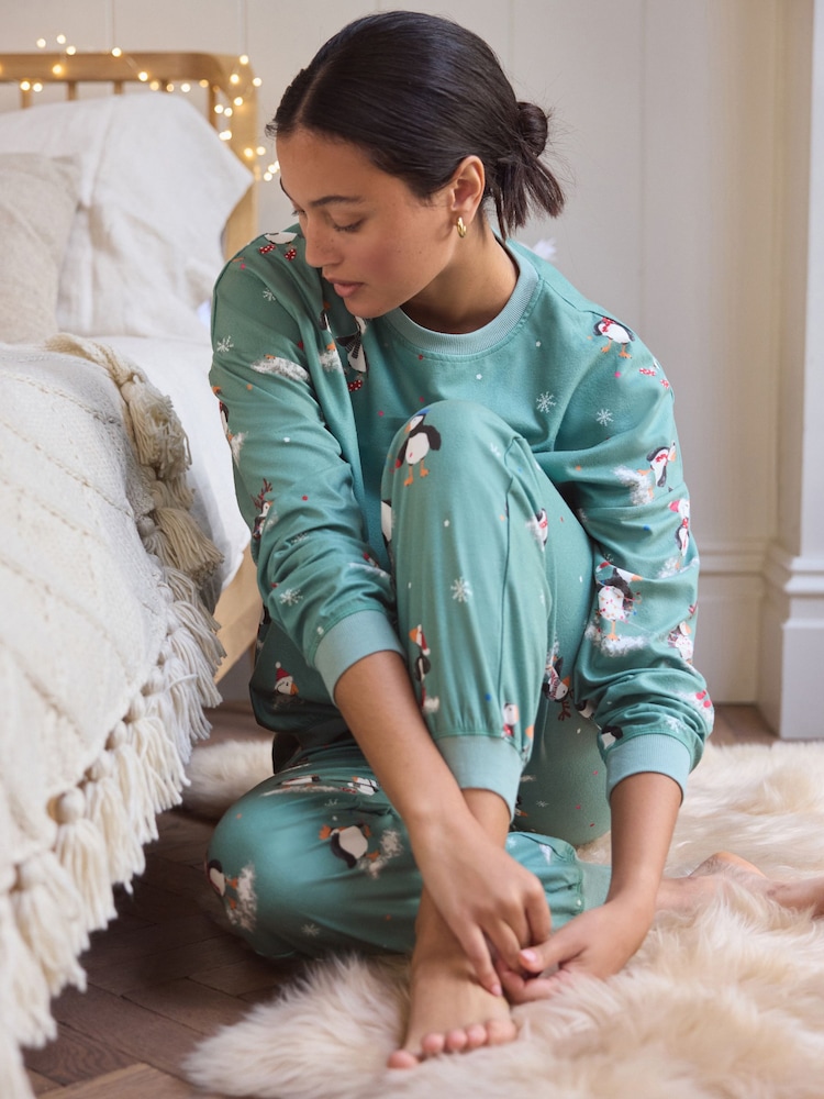 Salbeigrün, Papageientaucher - Gemütlicher Weihnachtspyjama mit langen Ärmeln - Bild 2 von 8