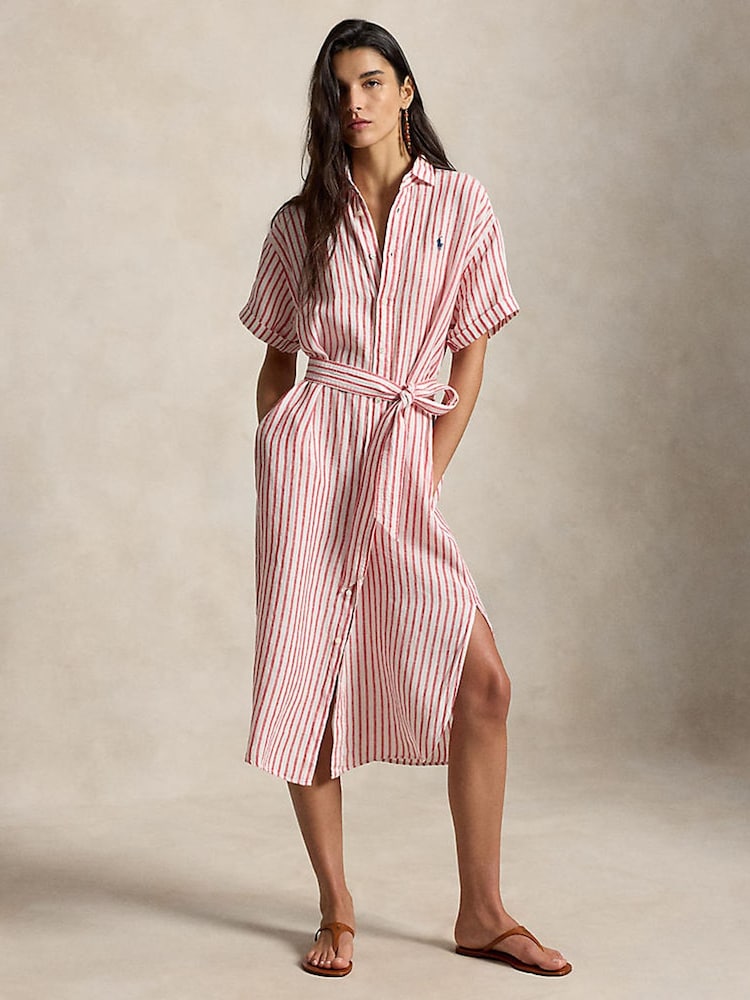 Polo Ralph Lauren Red Striped Linen Short-Sleeve Shirtdress - Image 1 of 8