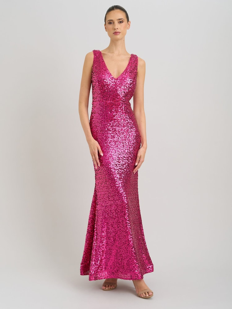 Gina Bacconi Pink Miller Sequin V-Neck Maxi Dress - Image 1 of 8