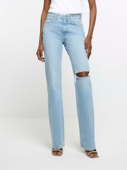 River Island Blue High Rise Straight Ripped Jeans - Image 1 of 7