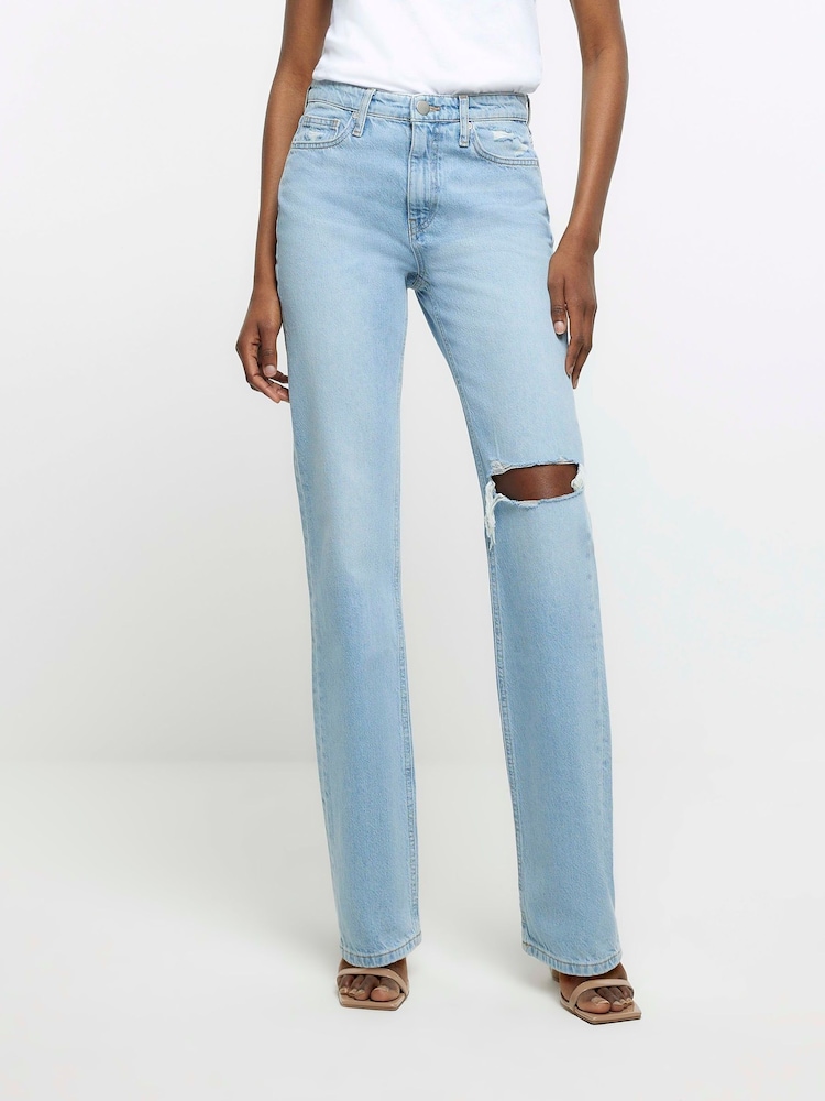 River Island Blue High Rise Straight Ripped Jeans - Image 1 of 7