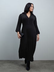 Live Unlimited Black Jersey V-Neck Midi Dress with Frill Cuffs - Image 2 of 7