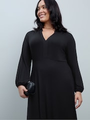 Live Unlimited Black Jersey V-Neck Midi Dress with Frill Cuffs - Image 4 of 7