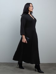 Live Unlimited Black Jersey V-Neck Midi Dress with Frill Cuffs - Image 6 of 7