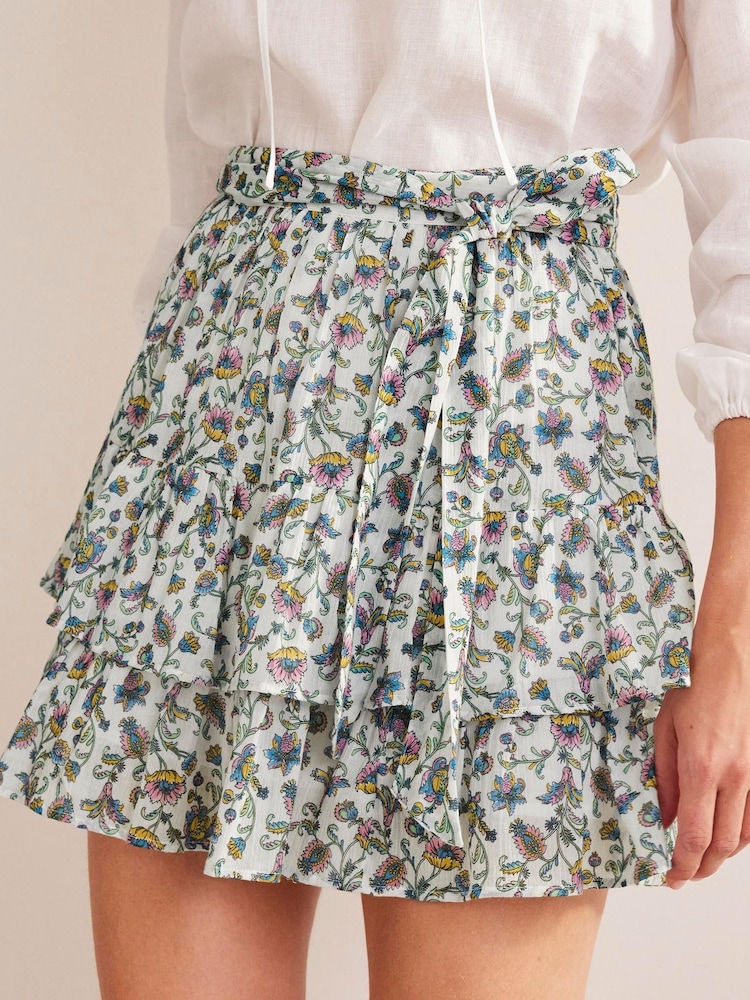 Boden Cream Tie-Waist Tiered Floral Mini Skirt - Image 1 of 5