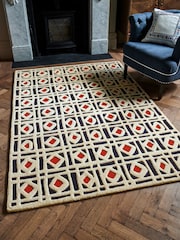 Nina Campbell Navy Blue/Red Batik Check Rug - Image 1 of 2