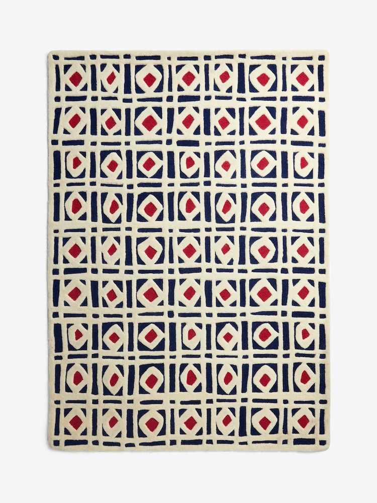 Nina Campbell Navy Blue/Red Batik Check Rug - Image 2 of 2