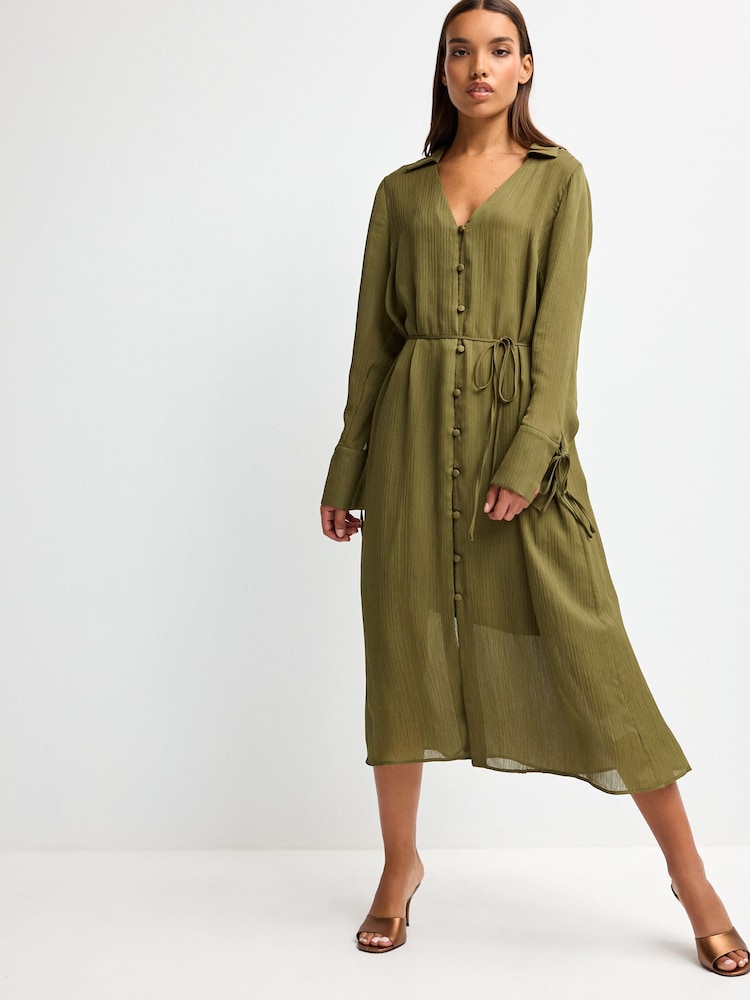 Khakigrün - Midikleid mit Gürtel und Ärmelschnürung - Bild 1 von 6