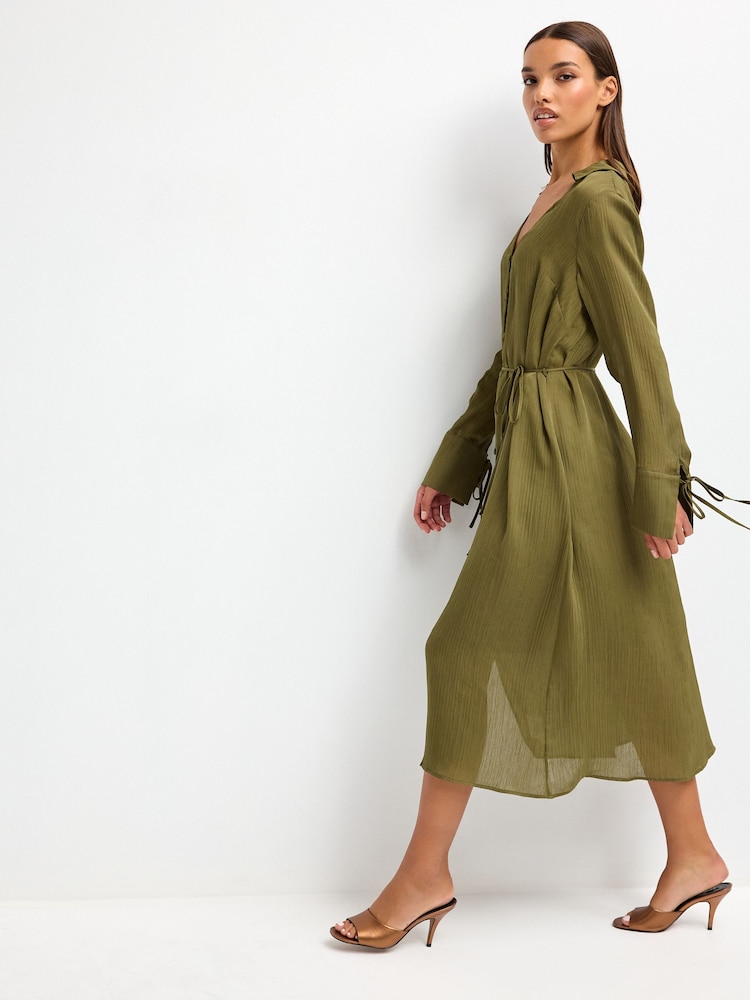 Khakigrün - Midikleid mit Gürtel und Ärmelschnürung - Bild 2 von 6
