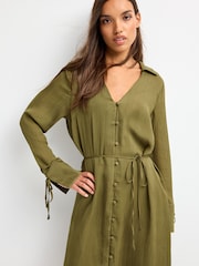 Khakigrün - Midikleid mit Gürtel und Ärmelschnürung - Bild 4 von 6