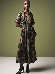 Khaki Green Animal Print Puff Sleeve Midi Dress - Image 1 of 5