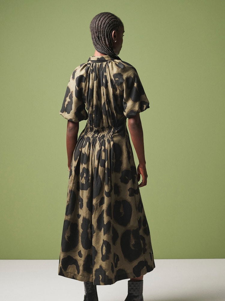 Khaki Green Animal Print Puff Sleeve Midi Dress - Image 2 of 5