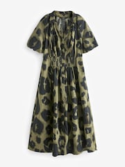 Khaki Green Animal Print Puff Sleeve Midi Dress - Image 4 of 5