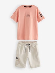 Coral/Stone Utility 100% Cotton T-Shirt and Shorts Set (3-16yrs) - Image 1 of 4