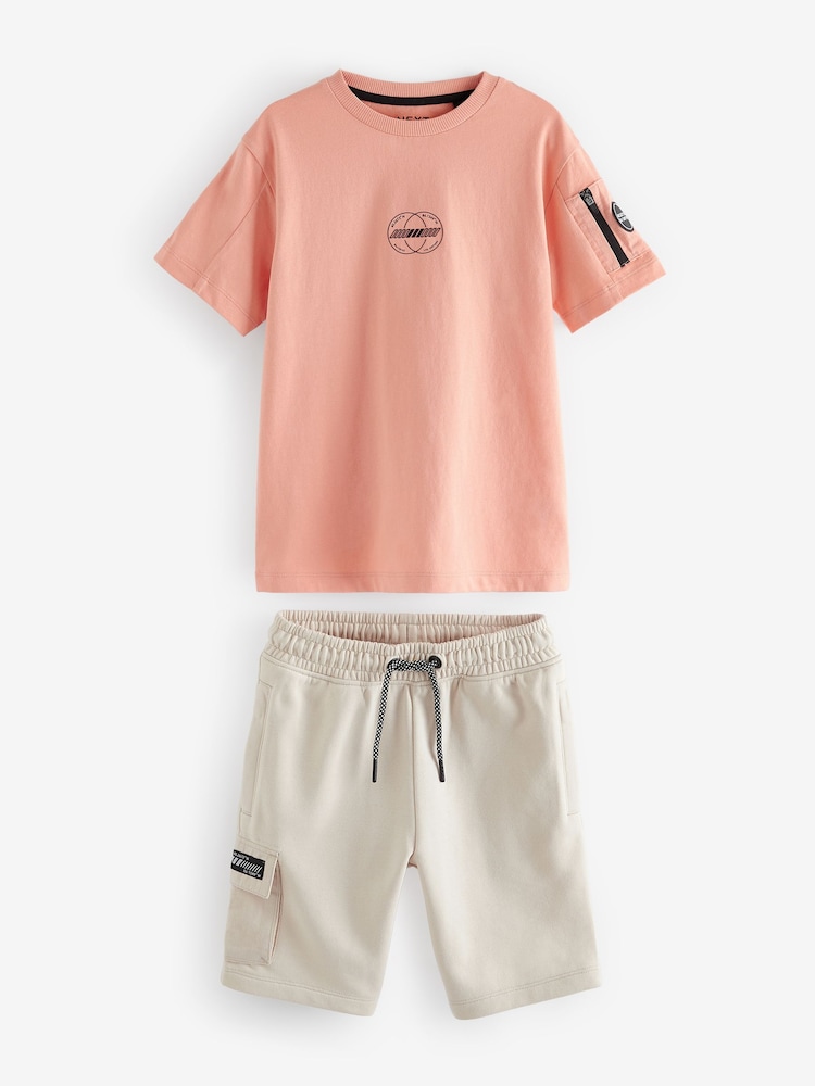 Coral/Stone Utility 100% Cotton T-Shirt and Shorts Set (3-16yrs) - Image 1 of 4