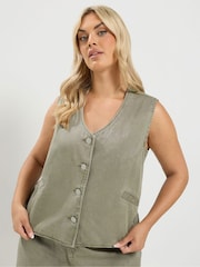 Yours Curve Green Denim Button Waistcoat - Image 1 of 6