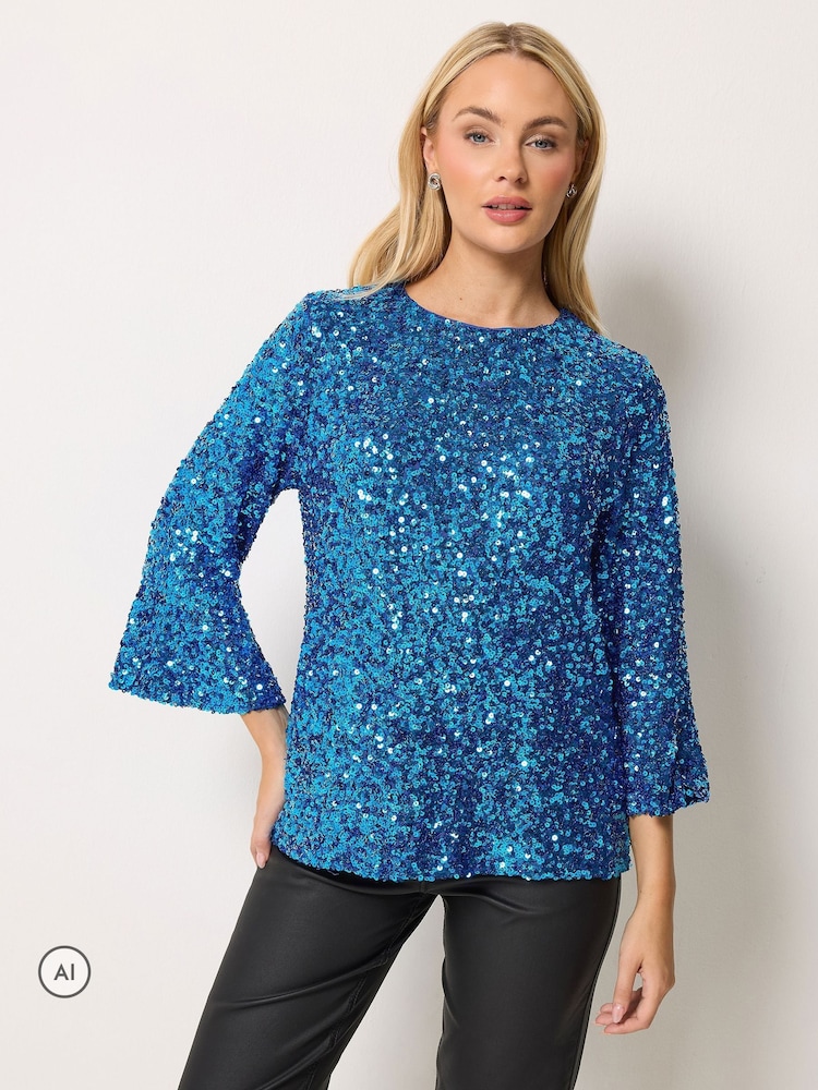 M&Co Blue Sequin Flute Top - Image 1 of 6
