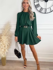AX Paris Green Long Sleeve Belted Skater Dress - Image 1 of 3