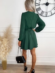 AX Paris Green Long Sleeve Belted Skater Dress - Image 2 of 3