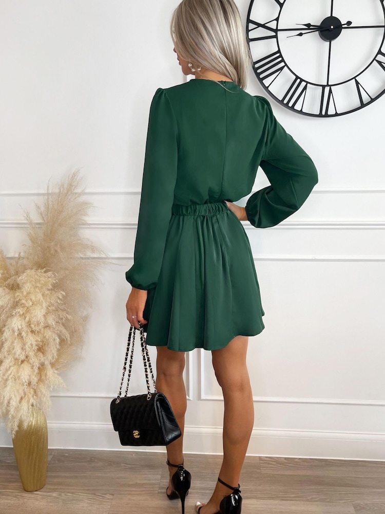 AX Paris Green Long Sleeve Belted Skater Dress - Image 2 of 3