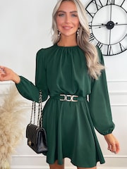 AX Paris Green Long Sleeve Belted Skater Dress - Image 3 of 3