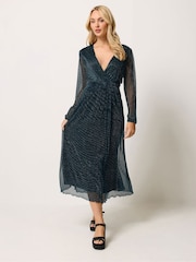 M&Co Green Plisse Bow Waist Dress - Image 1 of 6
