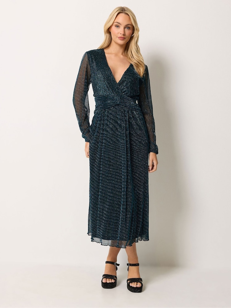 M&Co Green Plisse Bow Waist Dress - Image 2 of 6 M&Co Green Plisse Bow Waist Dress - Image 2 of 6